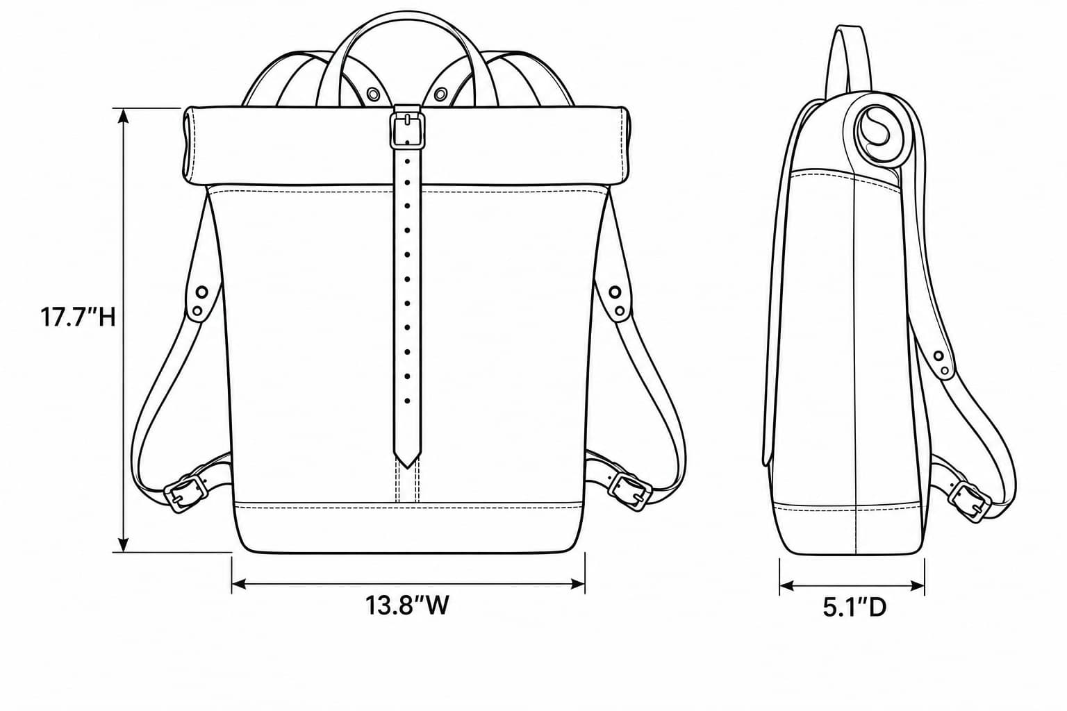 Leather Roll-Top Backpack size and dimensions