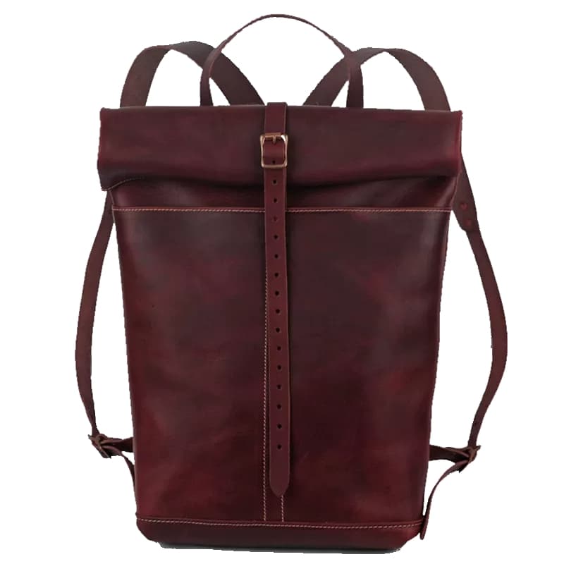Leather Roll-Top Backpack - Burgundy
