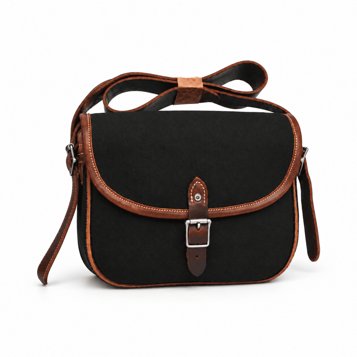 Waxed Canvas Messenger Bag in Black Canvas on white background