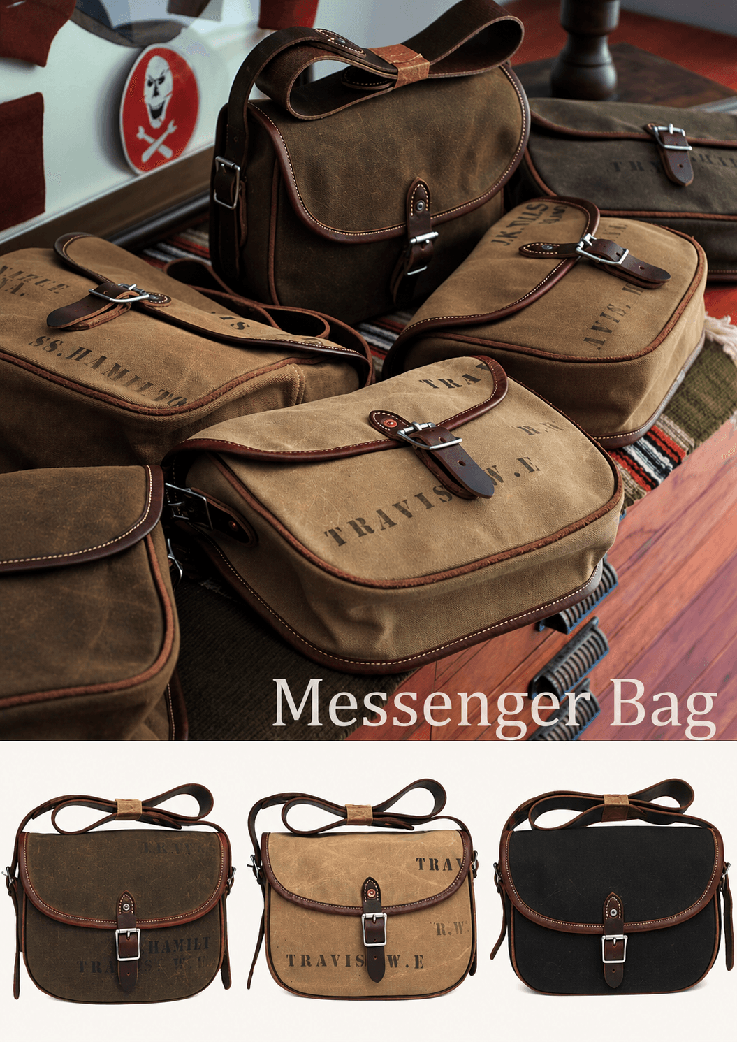 Movego messenger bags shown in a workshop scene and three color options