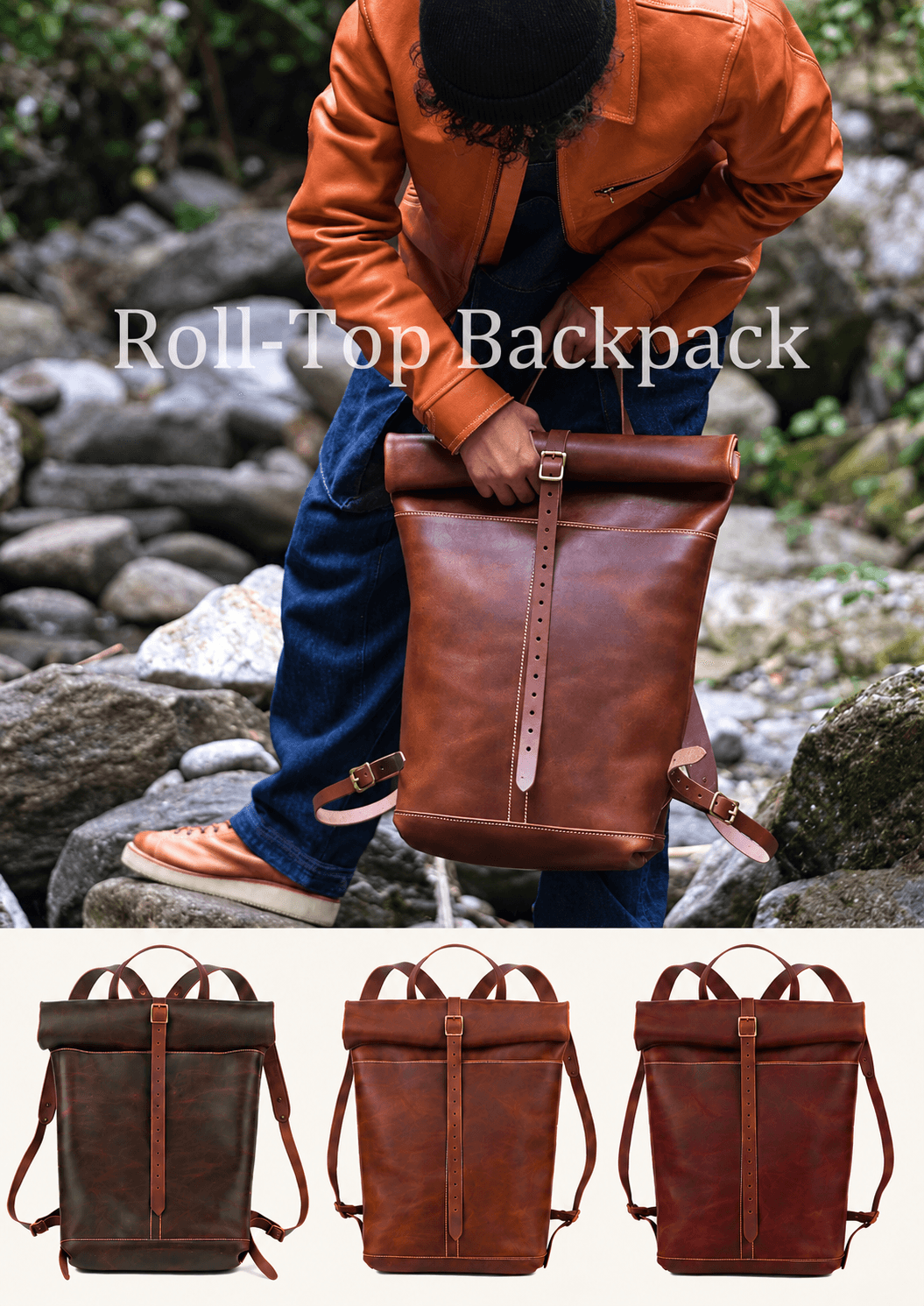 Roll-top backpack in a lifestyle photo with three color options