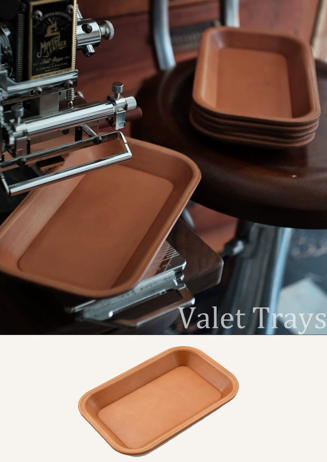 Handcrafted leather valet trays shown in the workshop and on a white background