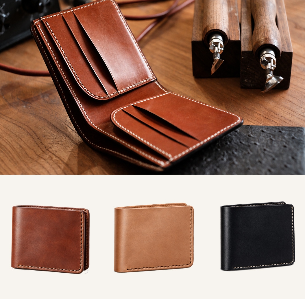 Movego leather bifold wallets shown in original brown and black colors