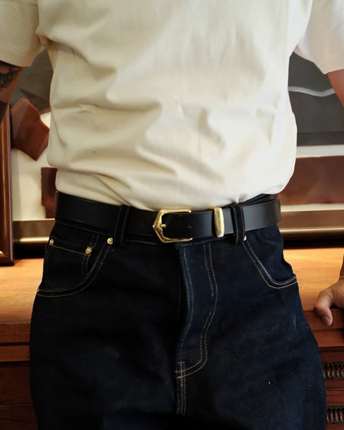 A Movego leather belt worn with everyday clothes