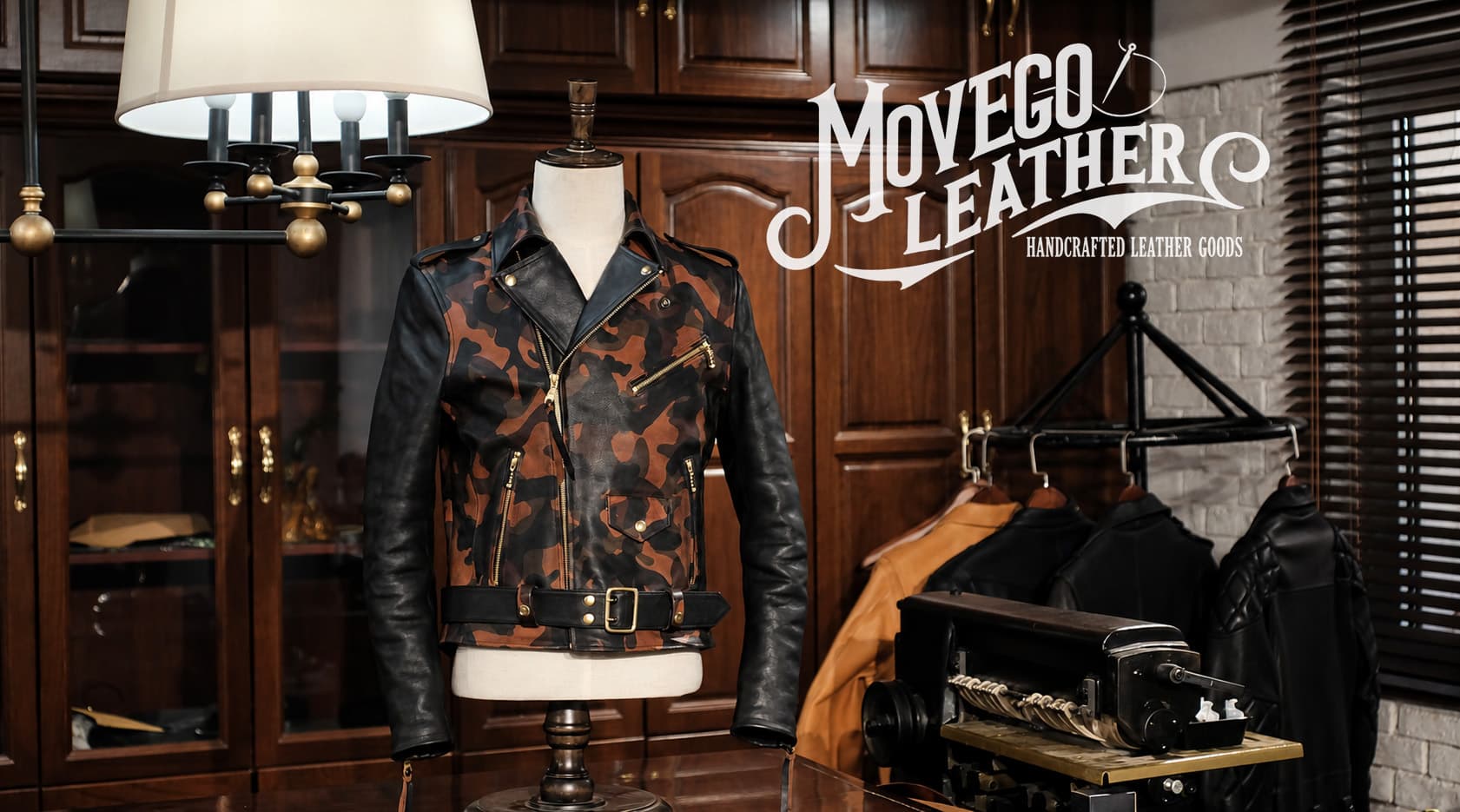Movego Leather showroom with handcrafted leather jackets and a sewing machine